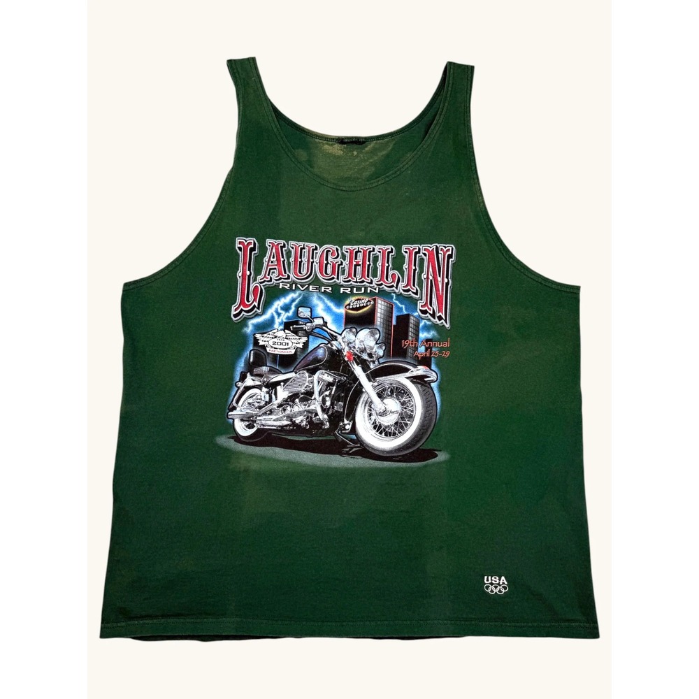 Vintage 2001 Laughlin River Run Motorcycle Tank Top Green Mens XL Biker USA 19th
